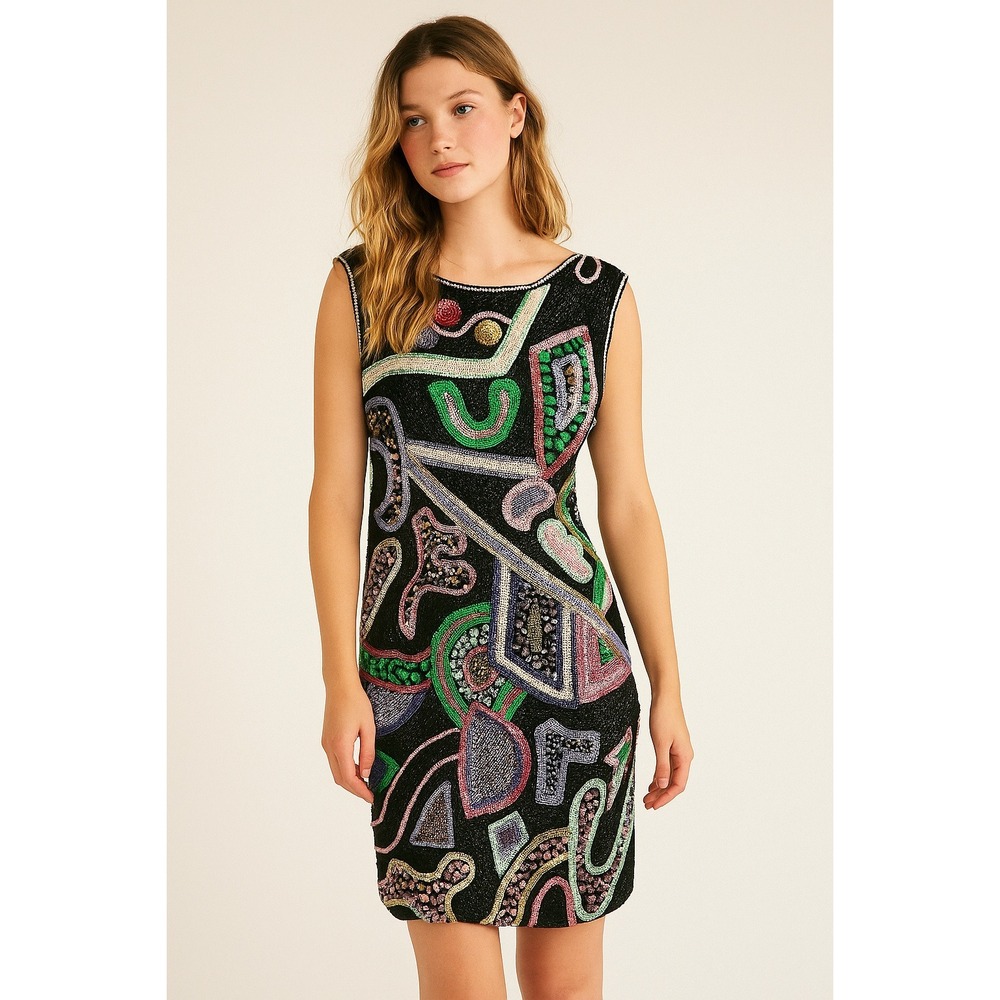 Handloom Handicrafts 80s Novelty Beaded‎ Sequin Silk Party Dress Size M